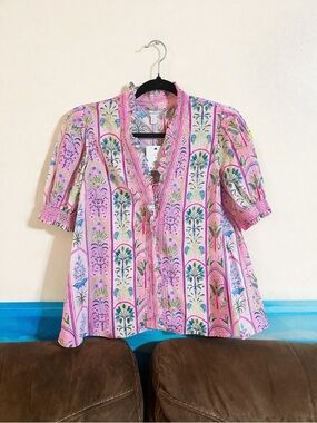 NWT Crown and Ivy Short Sleeve Smock Ruffle Printed Blouse Size Petite Small